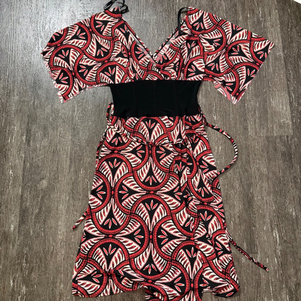 Bisou Bisou Dress Womens 6 Red Black Geometric Leaf Print V-Neck Flutter Sleeve